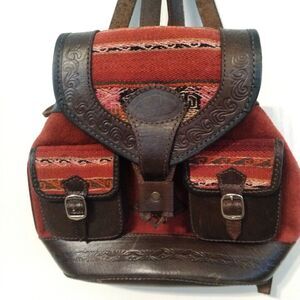 Leather Wool Tweed Suede Artisan Hand Made Red Brown Backpack Bag
